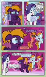 Size: 1920x3169 | Tagged: safe, artist:alexdti, imported from derpibooru, rarity, oc, oc:aqua lux, oc:purple creativity, oc:warm focus, pegasus, pony, unicorn, comic:quest for friendship, ^^, bag, bandage, comic, dialogue, eyes closed, female, floppy ears, flying, folded wings, glasses, glow, glowing horn, grin, high res, hoof hold, hoof over mouth, hooves, horn, looking at someone, magic, mare, meme, nose wrinkle, open mouth, open smile, pegasus oc, ponytail, puffy cheeks, raised hoof, saddle bag, shoulder angel, shoulder devil, shrunken pupils, smiling, speech bubble, spread wings, tail, telekinesis, wings