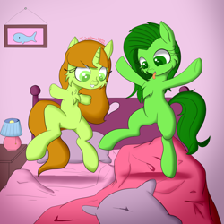 Size: 1080x1080 | Tagged: safe, artist:fajnyziomal, imported from derpibooru, oc, oc only, oc:świstek, oc:świstek#1, original species, plant pony, amputee, bed, bedroom, bipedal, cheek fluff, chest fluff, jumping, jumping on the bed, lamp, pillow, plant, tongue out
