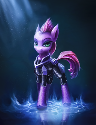 Size: 2050x2664 | Tagged: safe, artist:stdeadra, imported from derpibooru, tempest shadow, pony, unicorn, armor, blue background, eyebrow piercing, female, high res, lightning, looking at you, magic, mare, piercing, purple hair, reflection, shadow, simple background, smiling, smiling at you, solo, speedpaint
