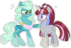 Size: 2248x1523 | Tagged: safe, artist:stormcloud-yt, imported from derpibooru, oc, oc only, oc:shooting star, pegasus, pony, unicorn, base used, blushing, clothes, duo, feathered fetlocks, female, horn, mare, offspring, parent:sky stinger, parent:vapor trail, parents:vaporsky, raised hoof, scarf, simple background, transparent background, unicorn oc, wings