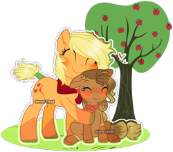 Size: 2468x2169 | Tagged: safe, artist:stormcloud-yt, imported from derpibooru, applejack, oc, oc:anahita, earth pony, pony, apple, apple tree, base used, blushing, cute, duo, earth pony oc, eyelashes, female, food, hug, jackabetes, mare, mother and child, mother and daughter, ocbetes, offspring, parent:applejack, parent:trouble shoes, parent:troubleshoes clyde, parents:troublejack, simple background, tail, tail wrap, transparent background, tree