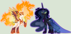 Size: 3967x1912 | Tagged: safe, artist:stormcloud-yt, imported from derpibooru, daybreaker, nightmare moon, alicorn, pony, base used, clothes, dress, duo, ethereal mane, female, hoof sucking, mane of fire, mare, peytral, raised hoof, simple background, starry mane