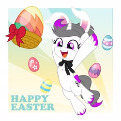 Size: 2048x2048 | Tagged: safe, artist:jhayarr23, imported from derpibooru, oc, oc only, oc:hazel radiate, pony, unicorn, bow, bunny ears, chest fluff, choker, colored hooves, commission, commissioner:biohazard, cute, easter, easter egg, eyelashes, female, high res, highlights, holiday, horn, mare, ocbetes, open mouth, open smile, ponytail, purple eyes, simple background, smiling, solo, tail, tail bow, text, unicorn oc, unshorn fetlocks, ych result