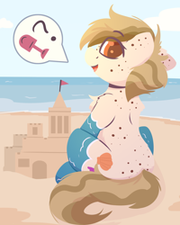 Size: 1600x2000 | Tagged: safe, artist:rhythmpixel, imported from derpibooru, oc, oc only, oc:sand dollar, earth pony, beach, female, freckles, lineless, looking at you, looking back, looking back at you, mare, sandcastle, solo