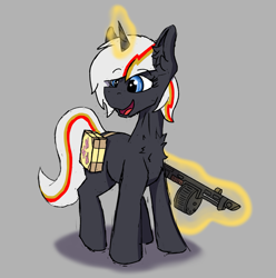 Size: 1575x1587 | Tagged: safe, artist:reddthebat, imported from derpibooru, oc, oc only, oc:velvet remedy, pony, unicorn, fallout equestria, chest fluff, ear fluff, eyebrows, eyebrows visible through hair, female, glowing, glowing horn, gray background, gun, horn, magic, magic aura, mare, open mouth, open smile, shadow, shotgun, simple background, smiling, solo, telekinesis, unicorn oc, weapon