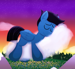 Size: 7200x6600 | Tagged: safe, artist:agkandphotomaker2000, imported from derpibooru, oc, oc only, oc:pony video maker, pegasus, pony, cloud, evening, eyes closed, flower field, folded wings, hill, mountain, on a cloud, pegasus oc, sleeping, sleeping on a cloud, solo, stars, tree, wings