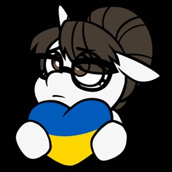 Size: 894x894 | Tagged: safe, alternate version, artist:lrusu, imported from derpibooru, raven, unicorn, alternate character, black background, commission, cute, female, flag, glasses, hair bun, heart, mare, sad, sadorable, simple background, ukraine, ych result