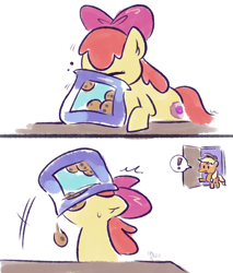 Size: 1024x1200 | Tagged: safe, artist:kukie, derpibooru exclusive, imported from derpibooru, apple bloom, applejack, earth pony, pony, 2 panel comic, adorabloom, apple bloom's bow, apple sisters, applejack's hat, bad pony, bag, bow, caught, comic, cookie, cookie thief, cowboy hat, cute, door, duo, duo female, eating, exclamation point, eyes closed, female, filly, foal, food, freckles, hair bow, hat, hooves, hooves on the table, horse problems, mare, motion lines, pictogram, siblings, signature, simple background, sisters, speech bubble, surprised, sweat, sweatdrop, table, thief, white background