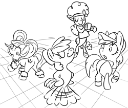 Size: 2150x1817 | Tagged: safe, artist:lockhe4rt, imported from derpibooru, apple bloom, flashdancer, earth pony, pony, 2016, ballerina, bipedal, black and white, butt, dancing, female, filly, foal, grayscale, i got this, lineart, monochrome, plot, rave