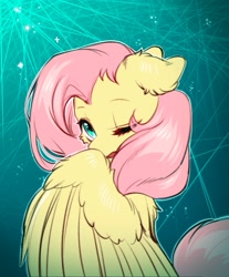 Size: 1111x1344 | Tagged: safe, artist:swaybat, imported from derpibooru, fluttershy, bat pony, pegasus, pony, cute, daaaaaaaaaaaw, ear fluff, female, floppy ears, fluffy, hiding behind wing, mare, one eye closed, shyabetes, solo, wings