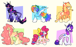 Size: 1280x789 | Tagged: safe, artist:bumblesnail, artist:bumblesnail-art, imported from derpibooru, applejack, fluttershy, pinkie pie, rainbow dash, rarity, twilight sparkle, alicorn, classical unicorn, earth pony, pegasus, pony, unicorn, absurdly long fetlocks, alternate cutie mark, appaloosa, bald face, bandaid, bandaid on nose, blaze (coat marking), body markings, bow, braid, chest fluff, cloven hooves, coat markings, colored wings, facial markings, feathered fetlocks, female, fetlock tuft, flower, flower in hair, glasses, goggles on head, hair bow, hat, leonine tail, mane six, mare, multicolored wings, pale belly, red bandana, redesign, simple background, socks (coat markings), straw hat, straw in mouth, twilight sparkle (alicorn), two toned wings, unshorn fetlocks, white background, wings