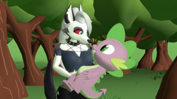 Size: 1920x1080 | Tagged: safe, artist:ponygamer2020, imported from derpibooru, spike, anthro, demon, dragon, hellhound, 3d, age difference, crossover, crossover shipping, cute, dialogue in the description, female, forest, friendship, furry, grin, happy, helluva boss, holding, holding a dragon, looking at each other, looking at someone, loona (helluva boss), male, nose to nose, pentagram, revamped anthros, shipping, smiling, source filmmaker, spikabetes, spikelove, spiloona, straight