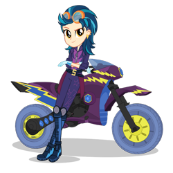 Size: 1400x1400 | Tagged: dead source, safe, imported from derpibooru, indigo zap, equestria girls, friendship games, boots, clothes, costume, crossed arms, crystal prep shadowbolts, female, gloves, looking at you, motocross, motocross outfit, motorcross, motorcycle, official, shadowbolts costume, shoes, simple background, smiling, smiling at you, solo, transparent background, vector