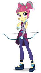 Size: 1139x2000 | Tagged: dead source, safe, imported from derpibooru, sour sweet, equestria girls, friendship games, archery, arrow, bow (weapon), bow and arrow, clothes, crystal prep academy, crystal prep shadowbolts, female, freckles, gloves, looking up, official, simple background, sleeveless, solo, transparent background, weapon