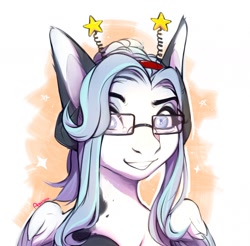 Size: 1280x1257 | Tagged: safe, artist:agurana, imported from derpibooru, oc, oc only, pegasus, pony, blue eyes, blue hair, digital art, female, glasses, long ears, long hair, long mane, looking at you, mare, oc name needed, pegasus oc, smiling, smiling at you, solo, wings