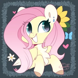 Size: 1200x1200 | Tagged: safe, artist:sakukitty, imported from derpibooru, fluttershy, butterfly, pegasus, pony, bust, chest fluff, colored ears, colored hooves, colored wings, cute, daaaaaaaaaaaw, ear piercing, female, flower, flower in hair, grin, happy, heart, mare, pale belly, piercing, shyabetes, smiling, solo, two toned wings, wings