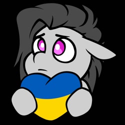 Size: 894x894 | Tagged: safe, alternate version, artist:lrusu, imported from derpibooru, oc, oc:faulty, alternate character, black background, commission, current events, flag, heart, sad, simple background, ukraine, ych result