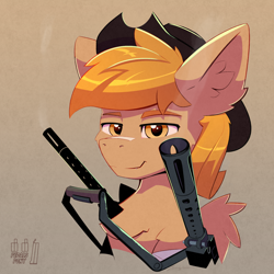 Size: 1800x1800 | Tagged: safe, artist:pedalspony, imported from derpibooru, oc, oc only, oc:calamity, fallout equestria, battle saddle, bust, calamity, cowboy hat, hat, portrait, smug