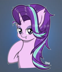 Size: 1349x1565 | Tagged: safe, artist:banquo0, imported from derpibooru, starlight glimmer, bat, bat pony, pony, unicorn, bust, chest fluff, fangs, female, hoof on chin, horn, looking at you, mare, race swap, solo