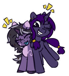 Size: 1186x1311 | Tagged: safe, artist:rivibaes, imported from derpibooru, oc, oc only, oc:rivibaes, oc:yoru night, pony, unicorn, colt, duo, emanata, female, filly, foal, happy, male, siblings, simple background, smiling, white background