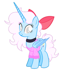 Size: 1400x1460 | Tagged: safe, artist:iceflower99, imported from derpibooru, oc, oc only, oc:darky spell, alicorn, demon, demon pony, original species, pony, bow, choker, clothes, daemonequus, female, hair bow, horn, long horn, looking at you, mare, simple background, smiling, solo, sweater, transparent background