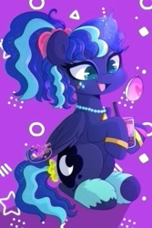 Size: 1200x1800 | Tagged: safe, artist:sakukitty, imported from derpibooru, princess luna, alicorn, pony, between dark and dawn, 80s princess luna, alternate hairstyle, bracelet, bubble tea, cute, drink, female, heart eyes, jewelry, lunabetes, magic, mare, necklace, open mouth, ponytail, smiling, solo, telekinesis, wingding eyes