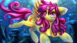 Size: 1600x900 | Tagged: safe, artist:cali luminos, imported from derpibooru, oc, oc only, alicorn, pony, broken horn, bubble, contest entry, crepuscular rays, female, flowing tail, horn, mare, ocean, pink eyes, reflection, seaweed, signature, solo, spread wings, sunlight, swimming, tail, underwater, water, wings