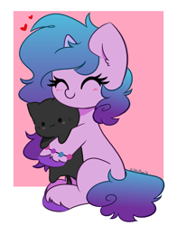 Size: 2749x3500 | Tagged: safe, artist:kittyrosie, imported from derpibooru, izzy moonbow, cat, pony, unicorn, blushing, bracelet, cute, ear fluff, eyes closed, female, g5, happy, heart, high res, hug, izzybetes, jewelry, mare, my little pony: a new generation, pink background, simple background, sitting, smiling, solo, unshorn fetlocks, white background