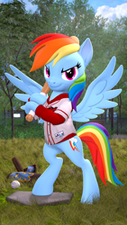Size: 2160x3840 | Tagged: safe, artist:owlpirate, imported from derpibooru, rainbow dash, pegasus, pony, 3d, 4k, baseball bat, bipedal, clothes, female, high res, hoof hold, jersey, looking at you, mare, smiling, smirk, solo, source filmmaker, spread wings, uniform, wings