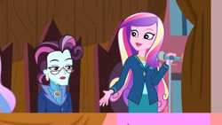 Size: 3410x1920 | Tagged: safe, imported from derpibooru, screencap, princess cadance, princess celestia, principal abacus cinch, equestria girls, friendship games, canterlot high, dean cadance, duo, duo female, duo focus, female, high res, microphone, offscreen character, open mouth, open smile, principal celestia, smiling