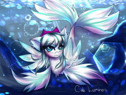 Size: 1600x1201 | Tagged: safe, artist:cali luminos, imported from derpibooru, oc, oc only, merpony, sea pony, bubble, chest fluff, crepuscular rays, cute, female, fins, fish tail, flowing mane, flowing tail, looking at you, mare, ocean, ribbon, signature, smiling, smiling at you, solo, sunlight, swimming, tail, underwater, water
