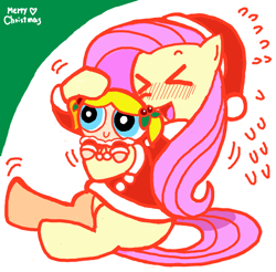 Size: 600x590 | Tagged: safe, artist:sukaponta, imported from derpibooru, fluttershy, pegasus, pony, ><, bubbles (powerpuff girls), christmas, clothes, costume, cute, duo, emanata, eyes closed, female, happy holidays, hat, heart, holiday, holly, mare, merry christmas, open mouth, santa costume, santa hat, simple background, the powerpuff girls, white background, xd