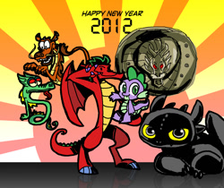 Size: 800x671 | Tagged: safe, artist:sukaponta, imported from derpibooru, spike, dragon, night fury, 2012, american dragon jake long, chinese new year, crossover, disney, dojo kanojo cho, dreamworks, happy new year, holiday, how to train your dragon, jackie chan adventures, looking at you, mulan, mushu, shendu, xiaolin showdown, year of the dragon