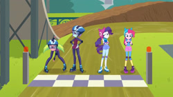 Size: 3410x1920 | Tagged: safe, imported from derpibooru, screencap, lemon zest, pinkie pie, rarity, sunny flare, equestria girls, friendship games, crossed arms, female, goggles, helmet, high res, roller skates, sleeveless, smiling