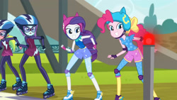 Size: 3410x1920 | Tagged: safe, imported from derpibooru, screencap, lemon zest, pinkie pie, rarity, sunny flare, equestria girls, friendship games, female, goggles, grin, helmet, high res, open mouth, roller skates, sleeveless, smiling