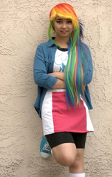 Size: 646x1023 | Tagged: safe, artist:eri-nyan, imported from derpibooru, rainbow dash, human, equestria girls, 2015, clothes, converse, cosplay, costume, irl, irl human, multicolored hair, photo, rainbow hair, shoes, sneakers, solo