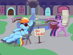 Size: 8000x6000 | Tagged: safe, artist:chedx, imported from derpibooru, rainbow dash, twilight sparkle, alicorn, pegasus, pony, absurd resolution, beach chair, bipedal, book, chair, coconut, drinking straw, duo, female, food, fountain, lazy, levitation, magic, mare, school of friendship, sign, sunglasses, telekinesis, twilight sparkle (alicorn), twilight sparkle is not amused, unamused