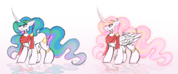 Size: 2608x1080 | Tagged: safe, artist:inspiredpixels, imported from derpibooru, princess celestia, pony, clothes, reflection, scarf, simple background, solo, white background
