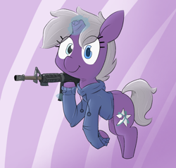 Size: 1050x1000 | Tagged: safe, artist:cherro, imported from derpibooru, oc, oc only, oc:disastral, pony, unicorn, assault rifle, broken horn, clothes, gun, hoodie, horn, m16, rifle, solo, weapon