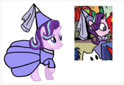 Size: 800x551 | Tagged: safe, artist:darlycatmake, edit, imported from derpibooru, starlight glimmer, pony, unicorn, spoiler:comic71, clothes, curious, dress, dressup, grin, hennin, looking down, looking up, nervous, nervous grin, princess, princess costume, princess starlight glimmer, redraw, scene interpretation, smiling, solo