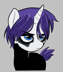 Size: 629x719 | Tagged: artist needed, safe, imported from derpibooru, rarity, pony, unicorn, aggie.io, alternate hairstyle, batman, bodysuit, clothes, female, frown, makeup, mare, running makeup, simple background