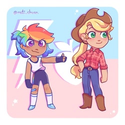 Size: 1000x1000 | Tagged: safe, artist:nati_chuan, imported from derpibooru, applejack, rainbow dash, human, bandaid, belt, boots, clothes, compression shorts, dark skin, duo, duo female, eyes open, female, freckles, g4, gloves, hat, humanized, pants, shoes, shorts, simple background, socks, thumbs up