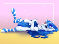 Size: 2000x1500 | Tagged: safe, artist:querisyart, imported from derpibooru, oc, oc:whirligig firefly, pony, unicorn, clothes, cute, ear fluff, female, fluffy, heterochromia, lying, lying down, mare, on back, simple background, smiling, socks, striped socks, tail