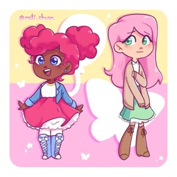 Size: 1000x1000 | Tagged: safe, artist:nati_chuan, imported from derpibooru, fluttershy, pinkie pie, human, blackwashing, blouse, boots, bow, cardigan, clothes, coat, dark skin, dress, duo, duo female, ear piercing, earring, female, g4, happy, humanized, jewelry, open mouth, open smile, piercing, shirt, shoes, shy, simple background, skirt, smiling, stockings, thigh highs