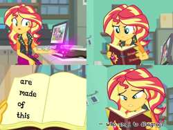 Size: 1920x1440 | Tagged: safe, edit, edited screencap, editor:lemno'tea, imported from derpibooru, screencap, sunset shimmer, equestria girls, equestria girls series, forgotten friendship, book, caption, comic, eurythmics, female, meme, screencap comic, solo, song reference, sweet dreams (are made of this), text