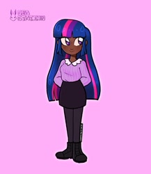 Size: 1440x1659 | Tagged: safe, artist:seasemissary, imported from derpibooru, twilight sparkle, human, blackwashing, clothes, dark skin, humanized, pink background, shirt, simple background, skirt, solo