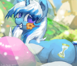 Size: 2300x2000 | Tagged: safe, artist:colochenni, imported from derpibooru, minuette, pony, unicorn, butt, cute, drawthread, female, flower, mare, minubetes, mouth hold, plot, requested art, solo