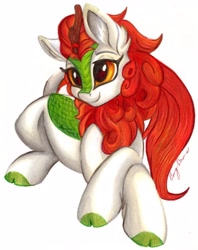 Size: 3236x4096 | Tagged: safe, artist:gleamydreams, imported from derpibooru, autumn blaze, kirin, awwtumn blaze, cloven hooves, cute, female, simple background, smiling, solo, traditional art, white background