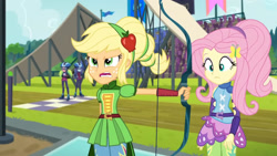 Size: 3410x1920 | Tagged: safe, imported from derpibooru, screencap, applejack, fluttershy, lemon zest, sunny flare, equestria girls, friendship games, archery, duo, duo female, duo focus, female, hairpin, high res, open mouth