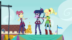 Size: 3410x1920 | Tagged: safe, imported from derpibooru, screencap, applejack, sci-twi, sour sweet, twilight sparkle, equestria girls, friendship games, archery, canterlot high, crying, female, glasses, high res, magic capture device, sleeveless, smiling, trio